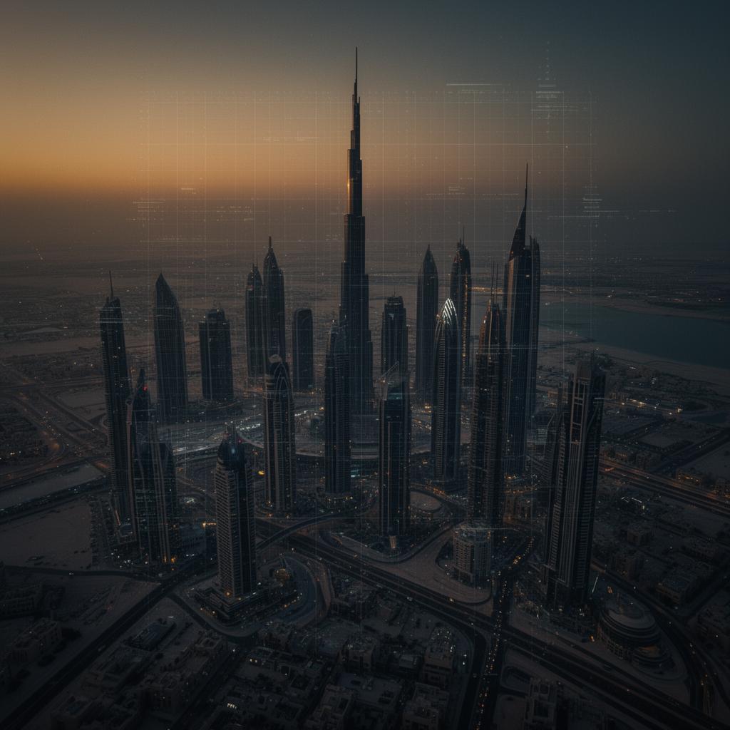 Futuristic Dubai skyline at night with the Burj Khalifa silhouette and gold light trails